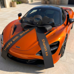 Black Car Bow Customised With Orange Text For Orange Sports Car Next day delivery car bows uk